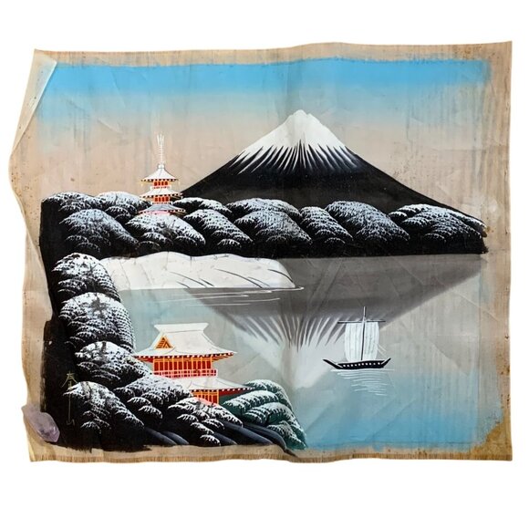 MCM Pair of Hand-Painted Asian Silk Painting: Mt. Fuji, Pagodas, Trees Signed - Picture 2 of 10